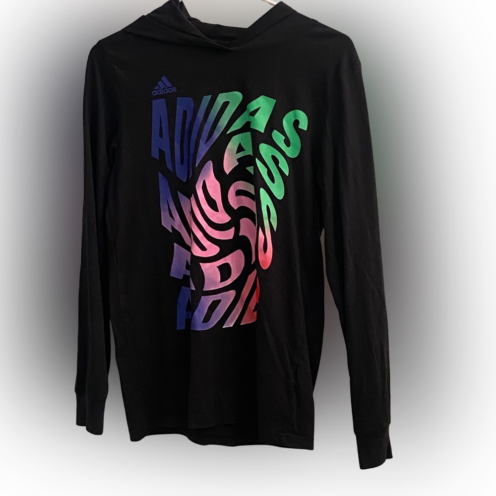 ADIDAS Long Sleeve Black with Colorful Logo Hooded Shirt